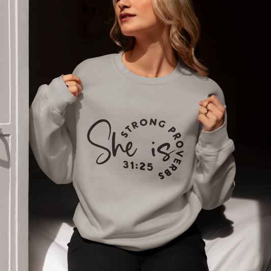 "She is Strong" Crewneck Sweatshirt with Christian Quote